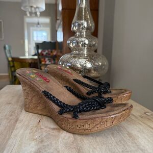 Women’s Bongo Black Braided Strap Cork Wedge Sandals Y2K Casual Boho Heels